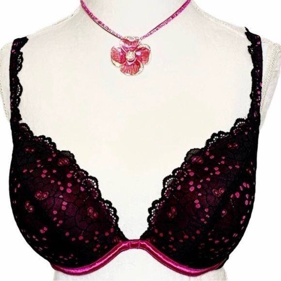 PLUNGE BRA Pink and black Lace Underwire Plunge Adjustable Hook n eye 36DD/36E - Picture 1 of 9